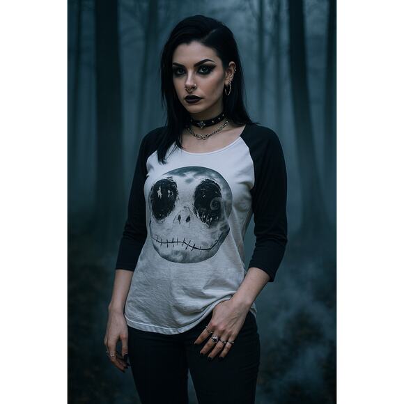 Disney Jack Skellington Raglan T-Shirt Women’s Medium Moon Face Graphic Tee - Picture 1 of 6
